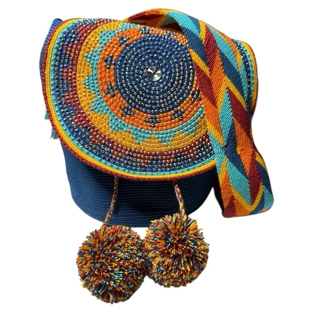 Wayuu Crystal Medallion Crochet Pom Pom Bag Flap Top